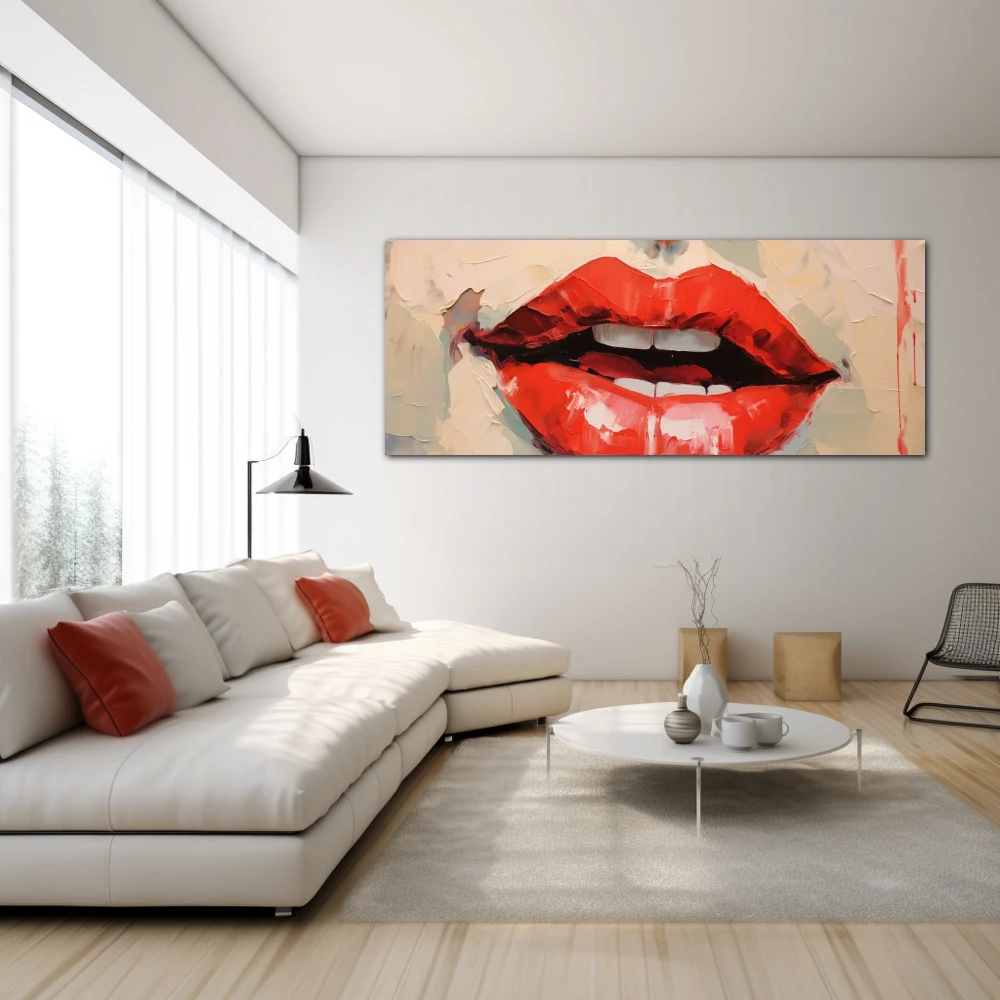 Wall Art titled: Honey Lips in a Elongated format with: Red, and Pastel Colors; Decoration the White Wall wall
