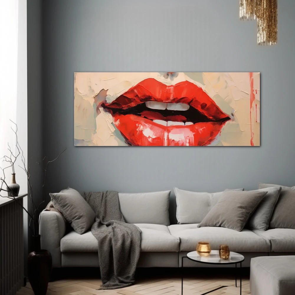 Wall Art titled: Honey Lips in a Elongated format with: Red, and Pastel Colors; Decoration the Grey Walls wall