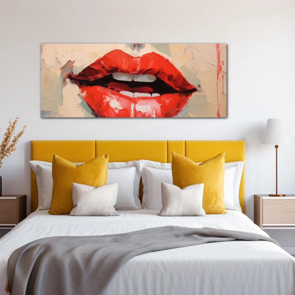 Cuadro labios de miel en formato apaisado con colores rojo, pastel; decorando pared de habitación dormitorio