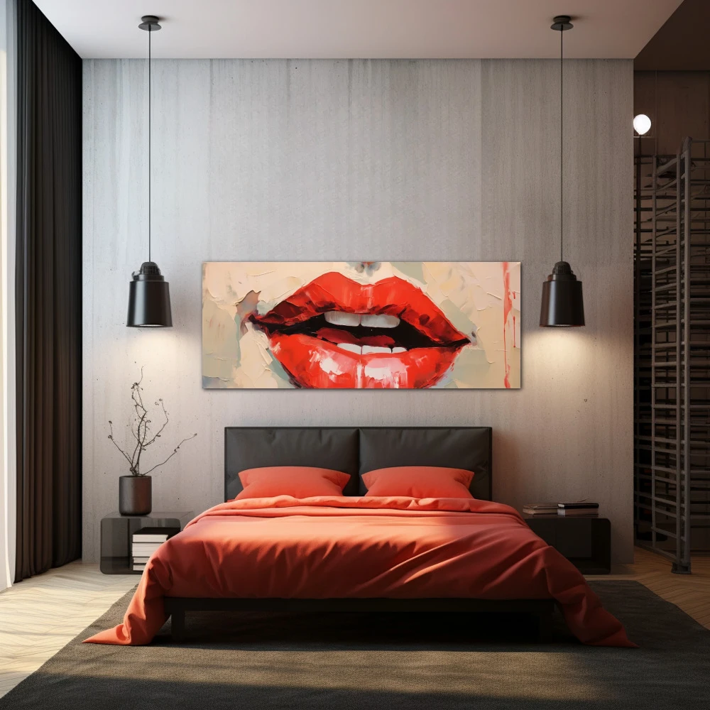 Cuadro labios de miel en formato apaisado con colores rojo, pastel; decorando pared de habitación dormitorio