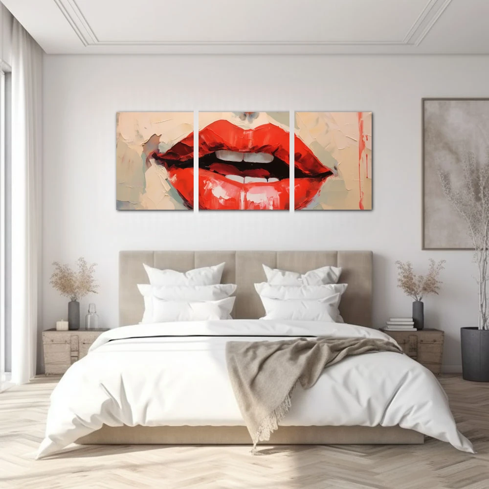 Cuadro labios de miel en formato políptico con colores rojo, pastel; decorando pared de habitación dormitorio