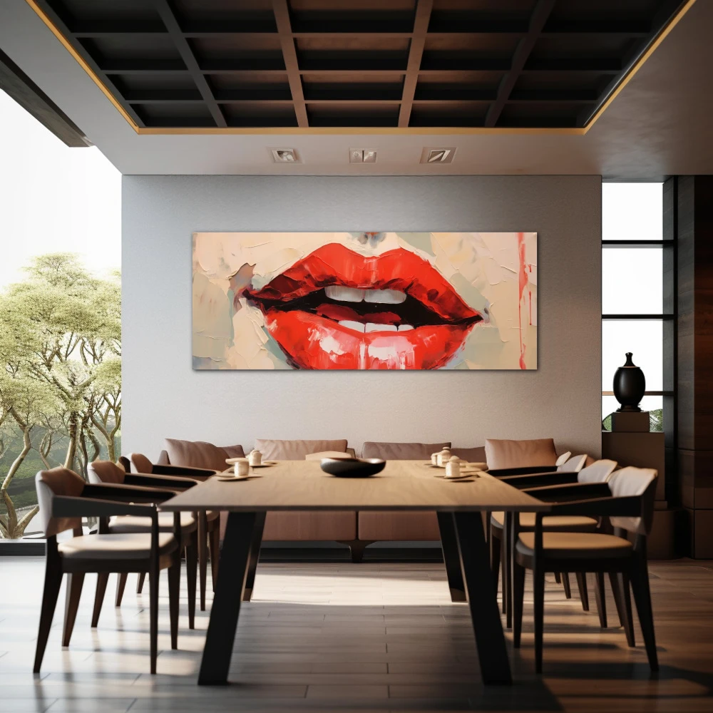 Wall Art titled: Honey Lips in a Elongated format with: Red, and Pastel Colors; Decoration the Restaurant wall