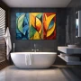 Wall Art titled: Segmented Natural Harmony in a Horizontal format with: Blue, Orange, and Vivid Colors; Decoration the Bathroom wall