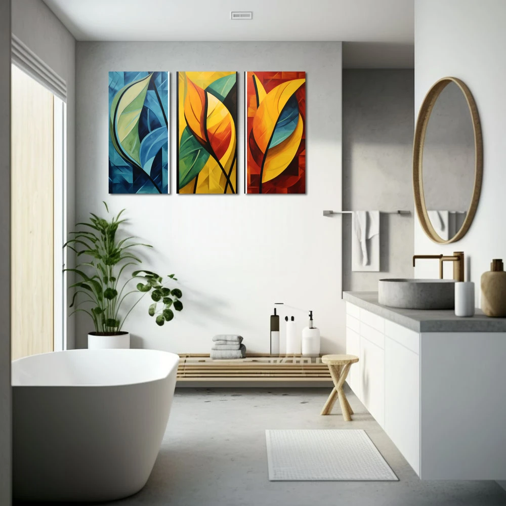 Cuadro armonía natural segmentada en formato tríptico con colores azul, naranja, vivos; decorando pared de baño