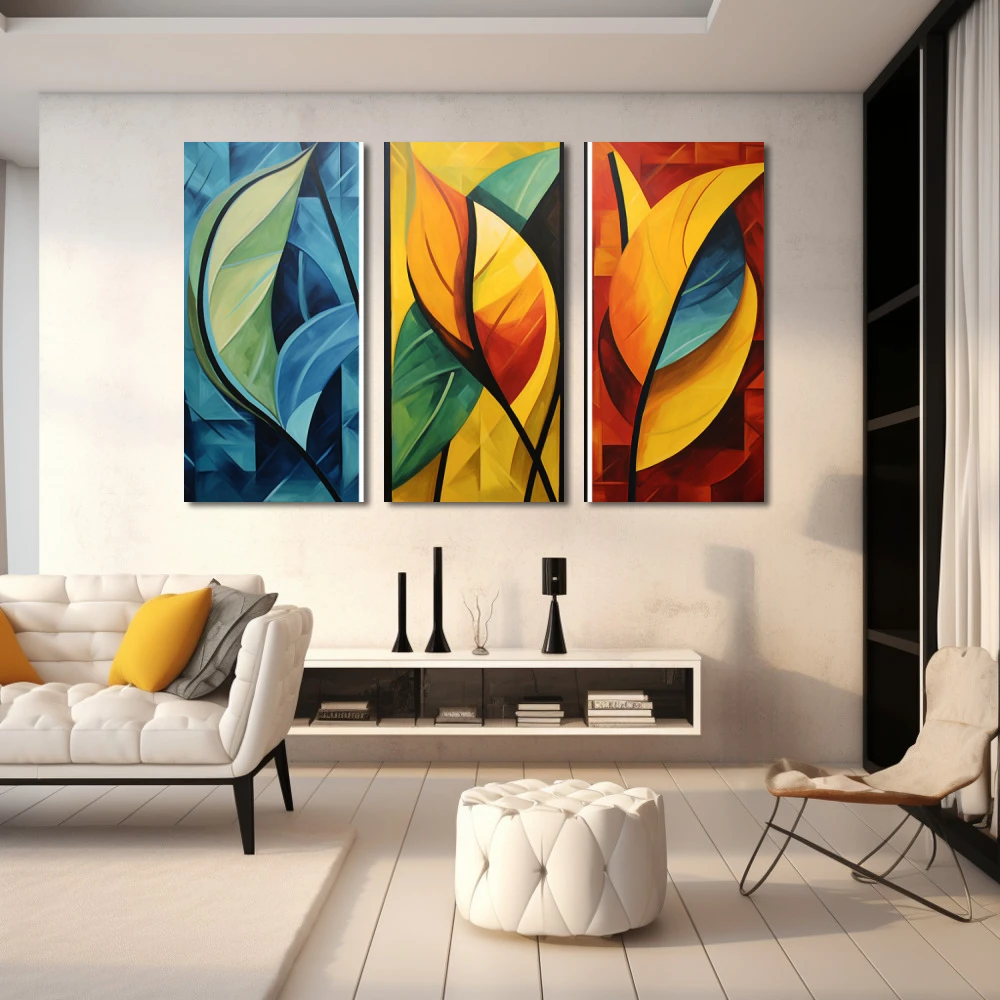 Wall Art titled: Segmented Natural Harmony in a Horizontal format with: Blue, Orange, and Vivid Colors; Decoration the White Wall wall
