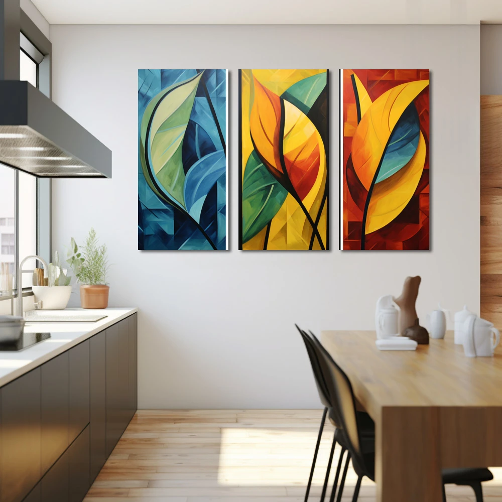Cuadro armonía natural segmentada en formato tríptico con colores azul, naranja, vivos; decorando pared de cocina