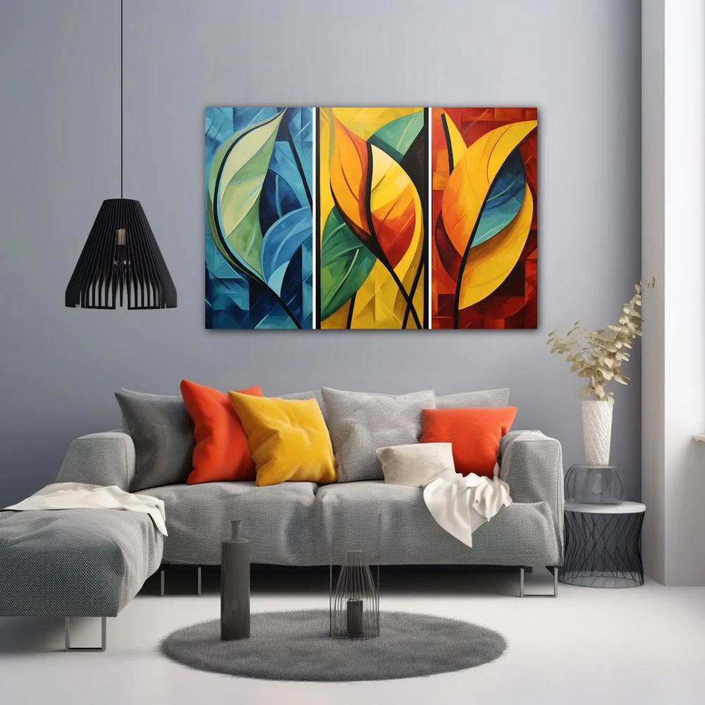 Cuadro armonía natural segmentada en formato horizontal con colores azul, naranja, vivos; decorando pared gris