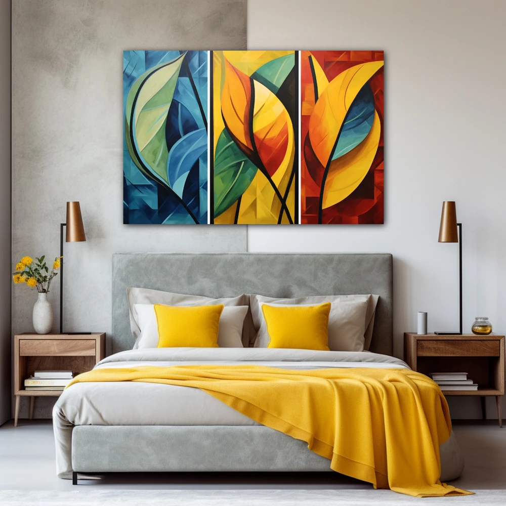 Wall Art titled: Segmented Natural Harmony in a Horizontal format with: Blue, Orange, and Vivid Colors; Decoration the Bedroom wall