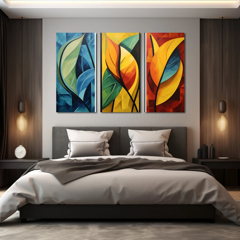 Cuadro armonía natural segmentada en formato tríptico con colores azul, naranja, vivos; decorando pared de habitación dormitorio