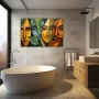 Wall Art titled: Nature's Masks in a Horizontal format with: Yellow, and Green Colors; Decoration the Bathroom wall