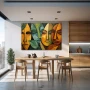 Wall Art titled: Nature's Masks in a Horizontal format with: Yellow, and Green Colors; Decoration the Kitchen wall