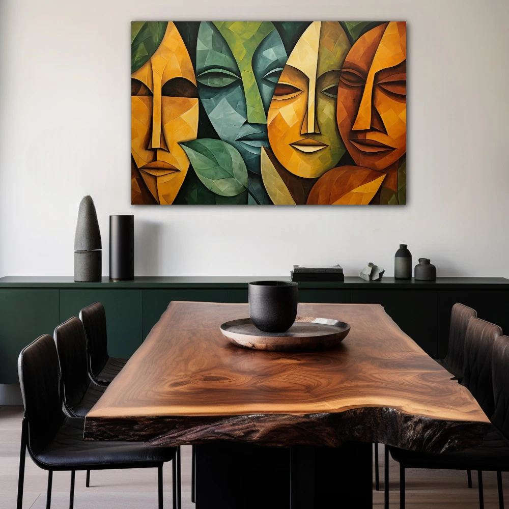 Wall Art titled: Nature's Masks in a Horizontal format with: Yellow, and Green Colors; Decoration the Living Room wall