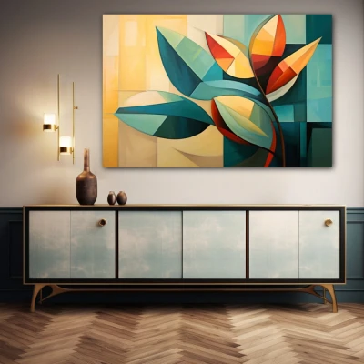 Wall Art titled: Reflections of Chlorophyll in a  format with: Yellow, Orange, and Green Colors; Decoration the Sideboard wall