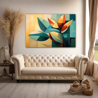 Wall Art titled: Reflections of Chlorophyll in a Horizontal format with: Yellow, Orange, and Green Colors; Decoration the Above Couch wall