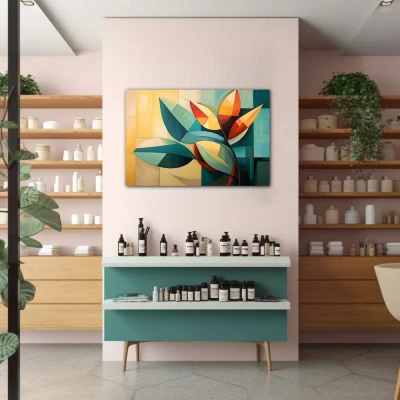 Wall Art titled: Reflections of Chlorophyll in a  format with: Yellow, Orange, and Green Colors; Decoration the Pharmacy wall
