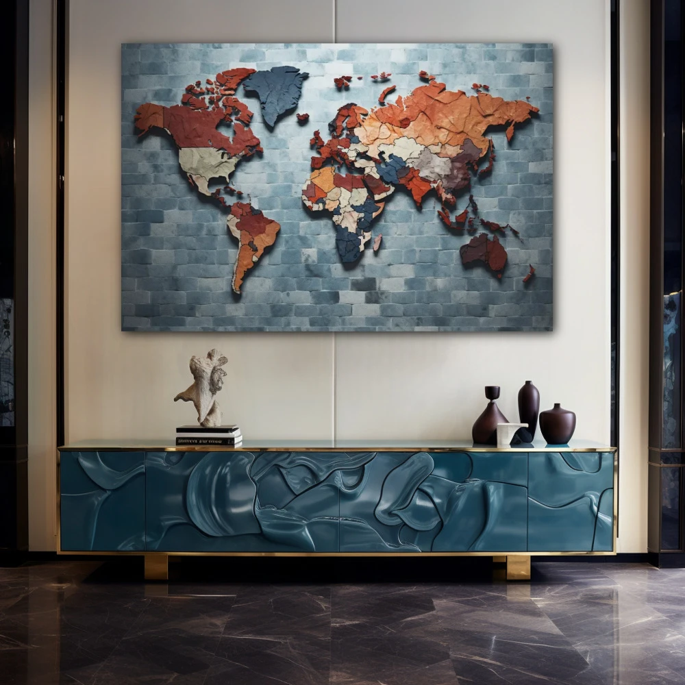 Cuadro delicuescencia cartográfica en formato horizontal con colores azul, gris, marrón; decorando pared de aparador