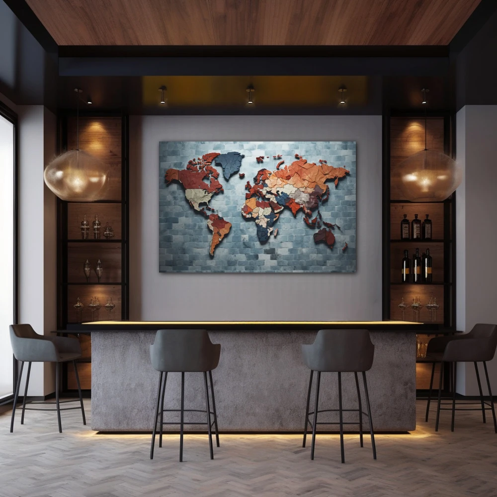 Cuadro delicuescencia cartográfica en formato horizontal con colores azul, gris, marrón; decorando pared de bar