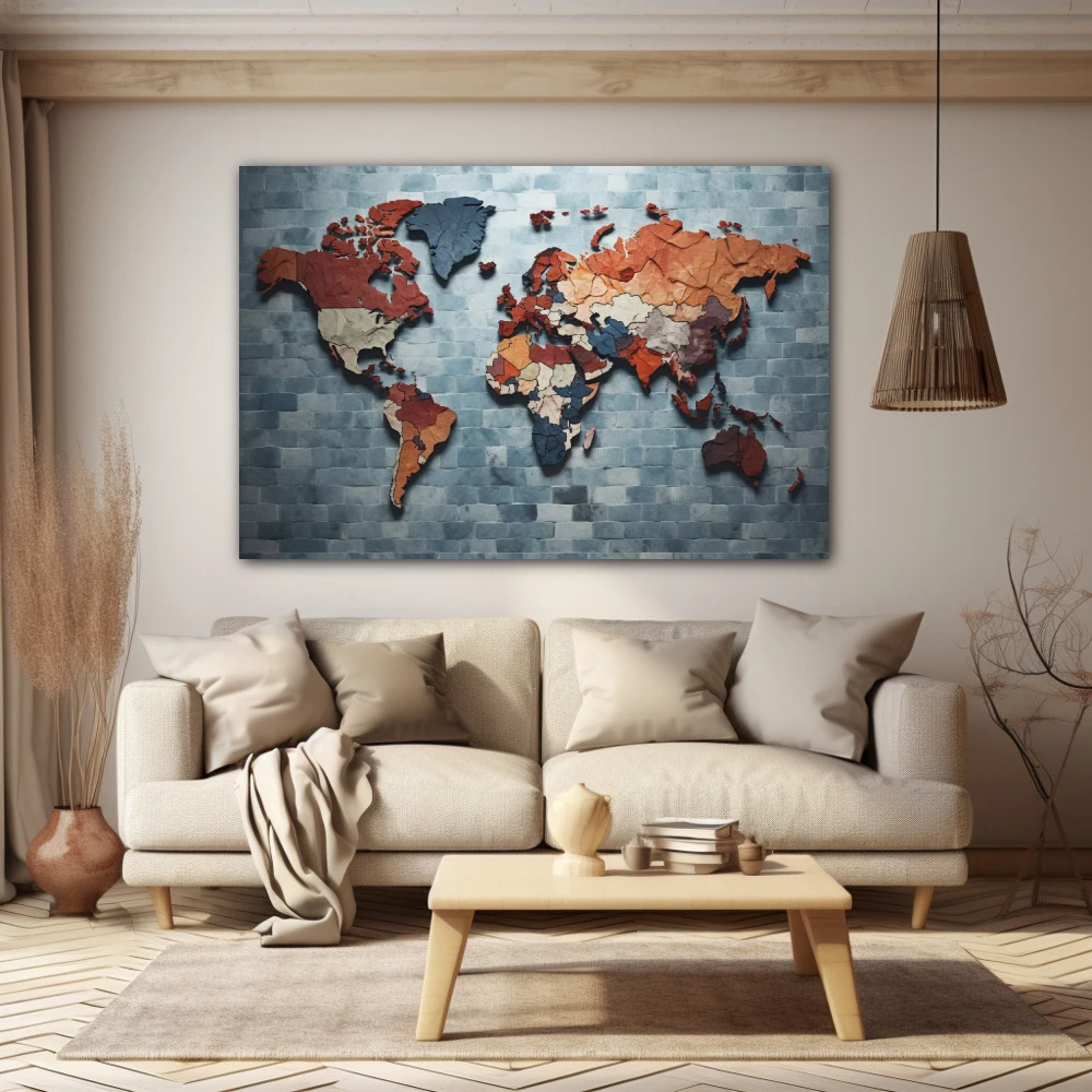 Wall Art titled: Delanquescencia Cartográfica in a Horizontal format with: Blue, Grey, and Brown Colors; Decoration the Beige Wall wall