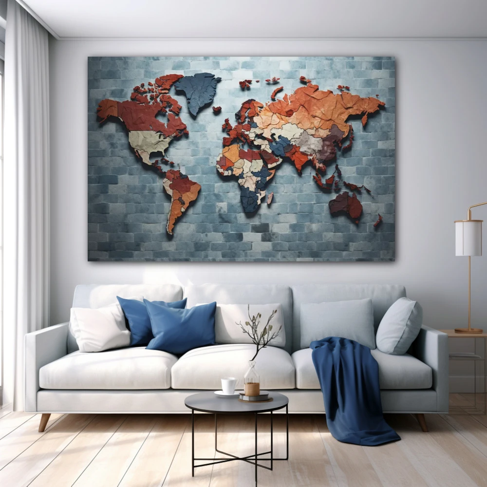 Cuadro delicuescencia cartográfica en formato horizontal con colores azul, gris, marrón; decorando pared blanca