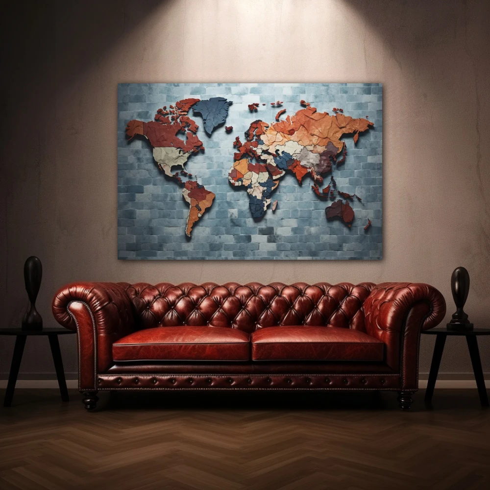 Cuadro delicuescencia cartográfica en formato horizontal con colores azul, gris, marrón; decorando pared de encima del sofá