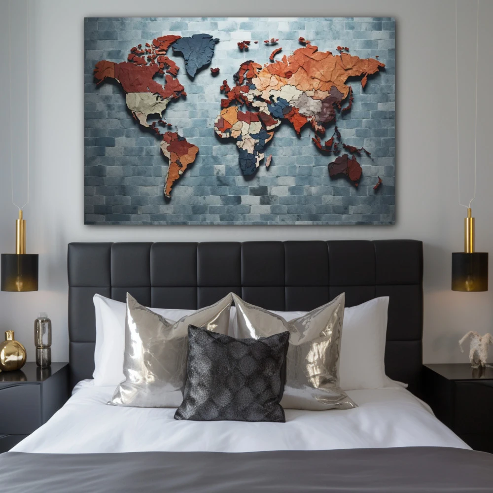 Cuadro delicuescencia cartográfica en formato horizontal con colores azul, gris, marrón; decorando pared de habitación dormitorio