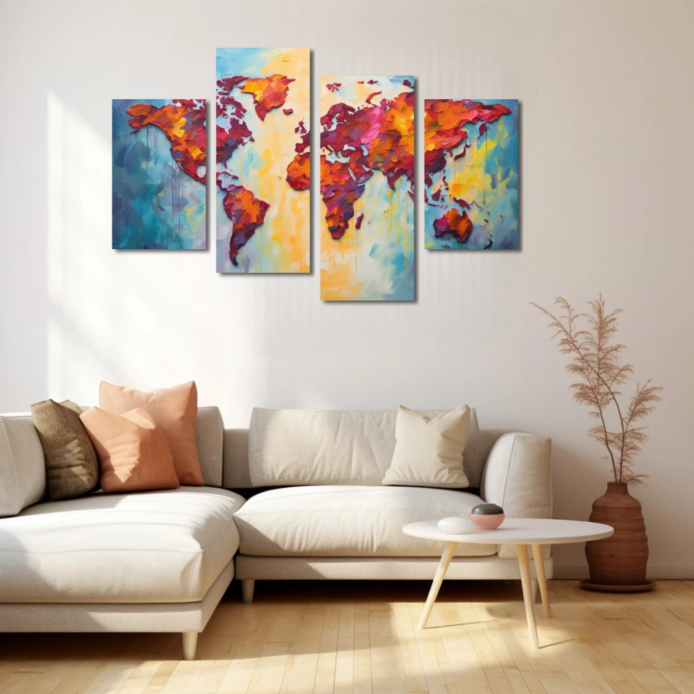 Wall Art titled: World Silhouette in a Horizontal format with: Yellow, Blue, and Orange Colors; Decoration the Beige Wall wall