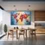 Wall Art titled: World Silhouette in a Horizontal format with: Yellow, Blue, and Orange Colors; Decoration the Kitchen wall