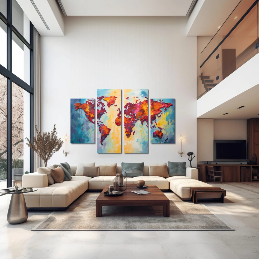 Wall Art titled: World Silhouette in a Horizontal format with: Yellow, Blue, and Orange Colors; Decoration the Above Couch wall