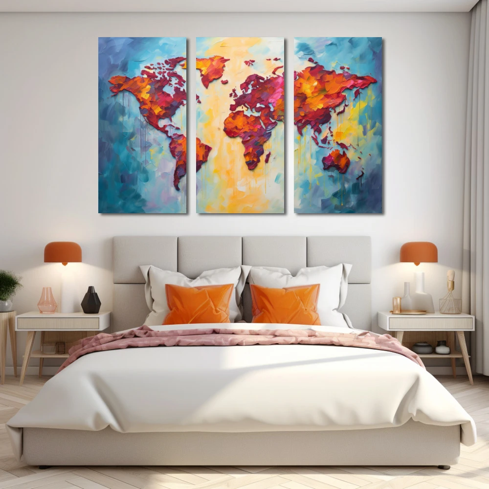 Wall Art titled: World Silhouette in a Horizontal format with: Yellow, Blue, and Orange Colors; Decoration the Bedroom wall