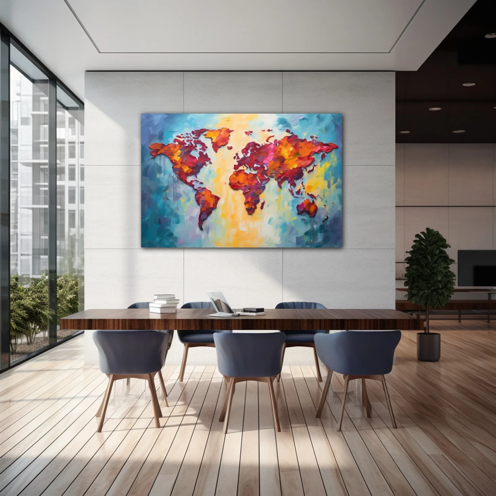 Wall Art titled: World Silhouette in a Horizontal format with: Yellow, Blue, and Orange Colors; Decoration the  wall