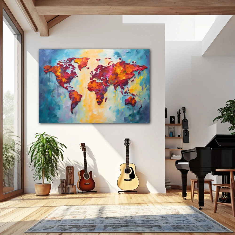 Wall Art titled: World Silhouette in a Horizontal format with: Yellow, Blue, and Orange Colors; Decoration the Living Room wall