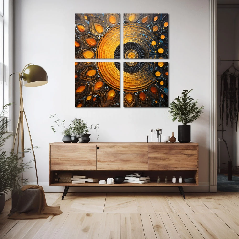Wall Art titled: Sacred Geometry in a Square format with: Yellow, Blue, and Orange Colors; Decoration the Sideboard wall
