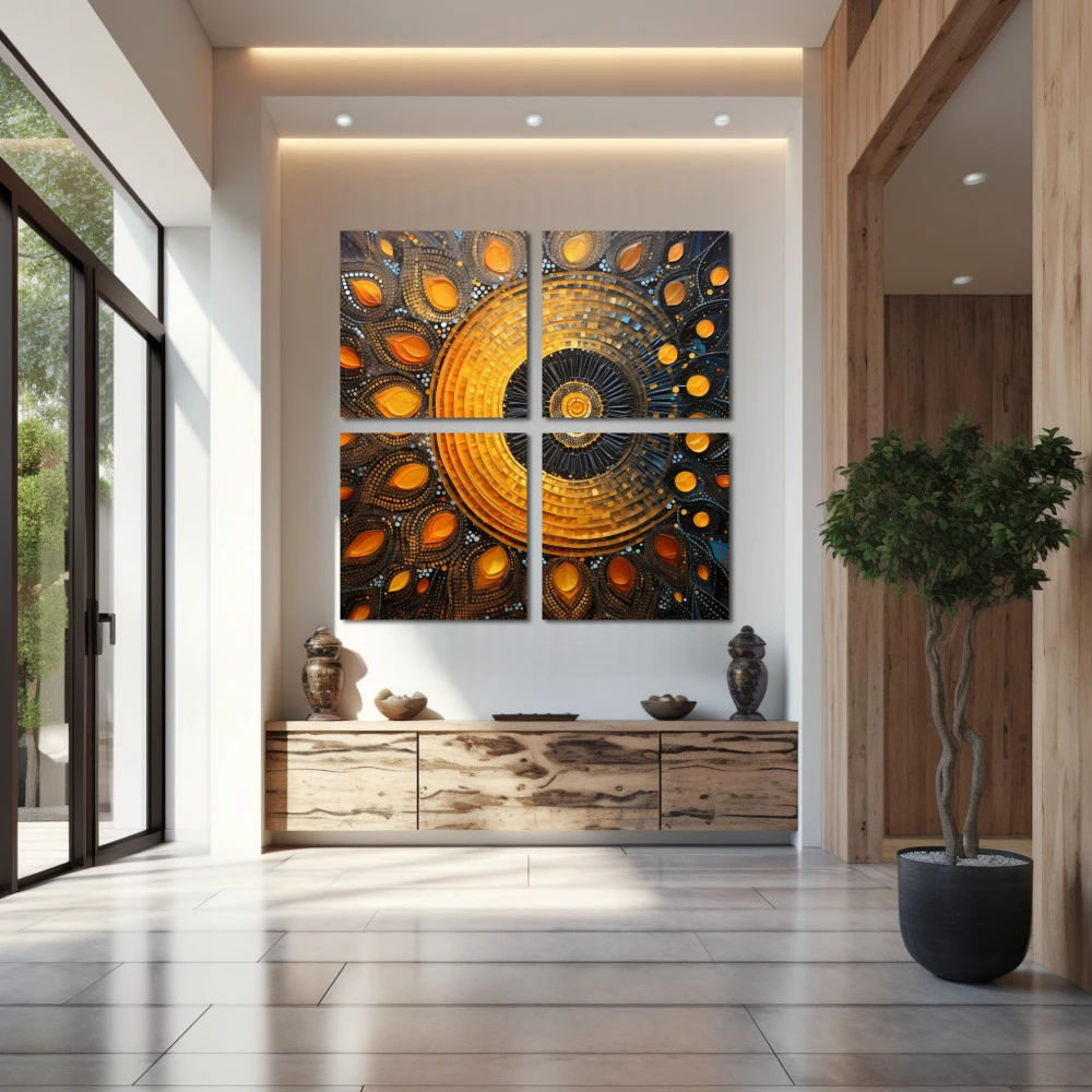 Wall Art titled: Sacred Geometry in a Square format with: Yellow, Blue, and Orange Colors; Decoration the Entryway wall