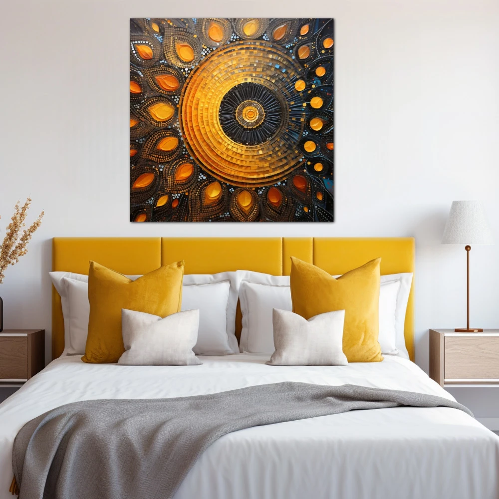 Cuadro geometría sagrada en formato cuadrado con colores amarillo, azul, naranja; decorando pared de habitación dormitorio