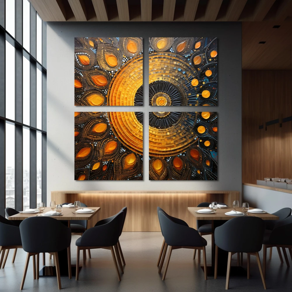 Cuadro geometría sagrada en formato políptico con colores amarillo, azul, naranja; decorando pared de restaurante