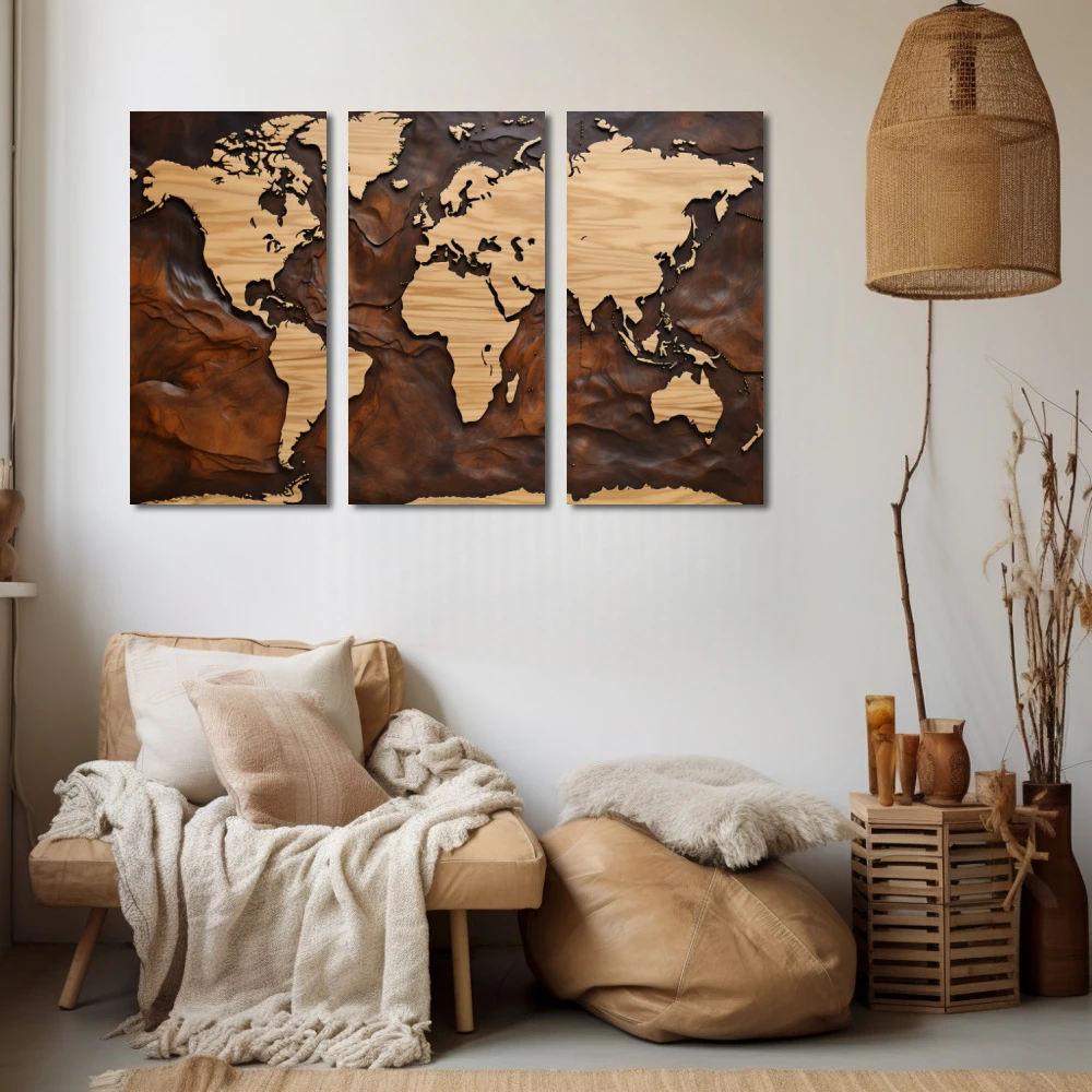Cuadro mapa orgánico en formato tríptico con colores marrón, beige; decorando pared beige