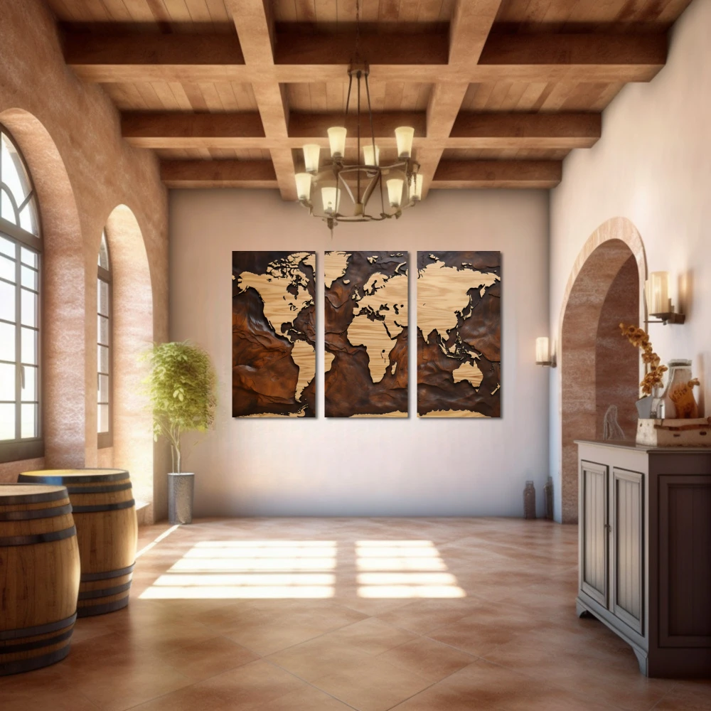 Cuadro mapa orgánico en formato tríptico con colores marrón, beige; decorando pared de bodega