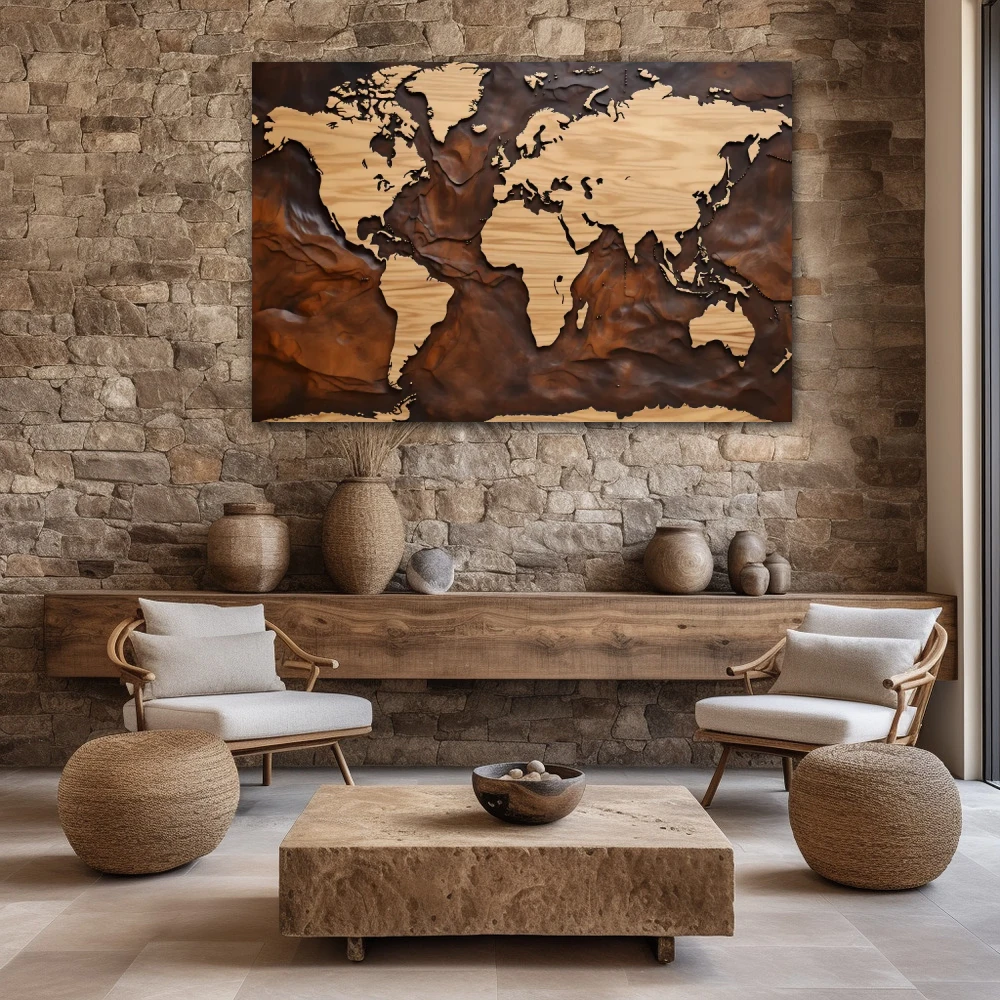 Cuadro mapa orgánico en formato horizontal con colores marrón, beige; decorando pared piedra