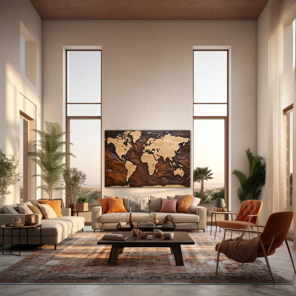 Cuadro mapa orgánico en formato horizontal con colores marrón, beige; decorando pared de salón comedor