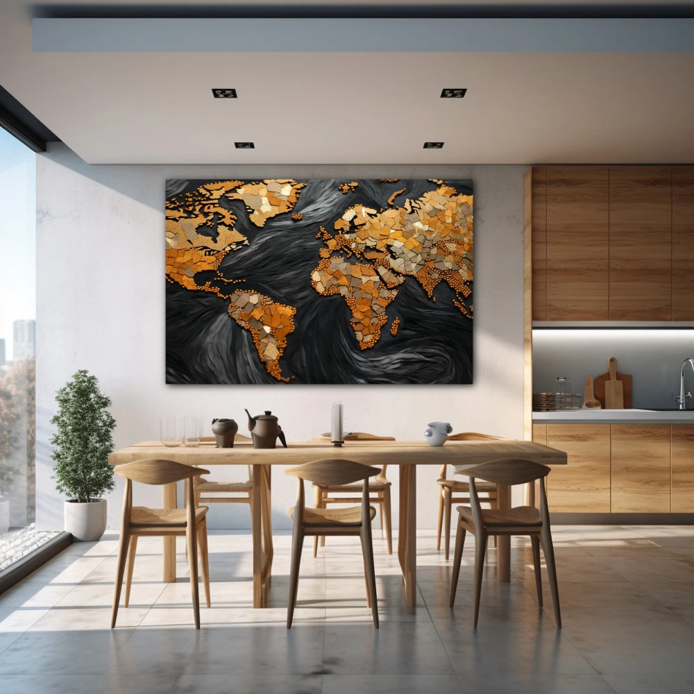 Cuadro valioso planeta en formato horizontal con colores dorado, negro; decorando pared de cocina