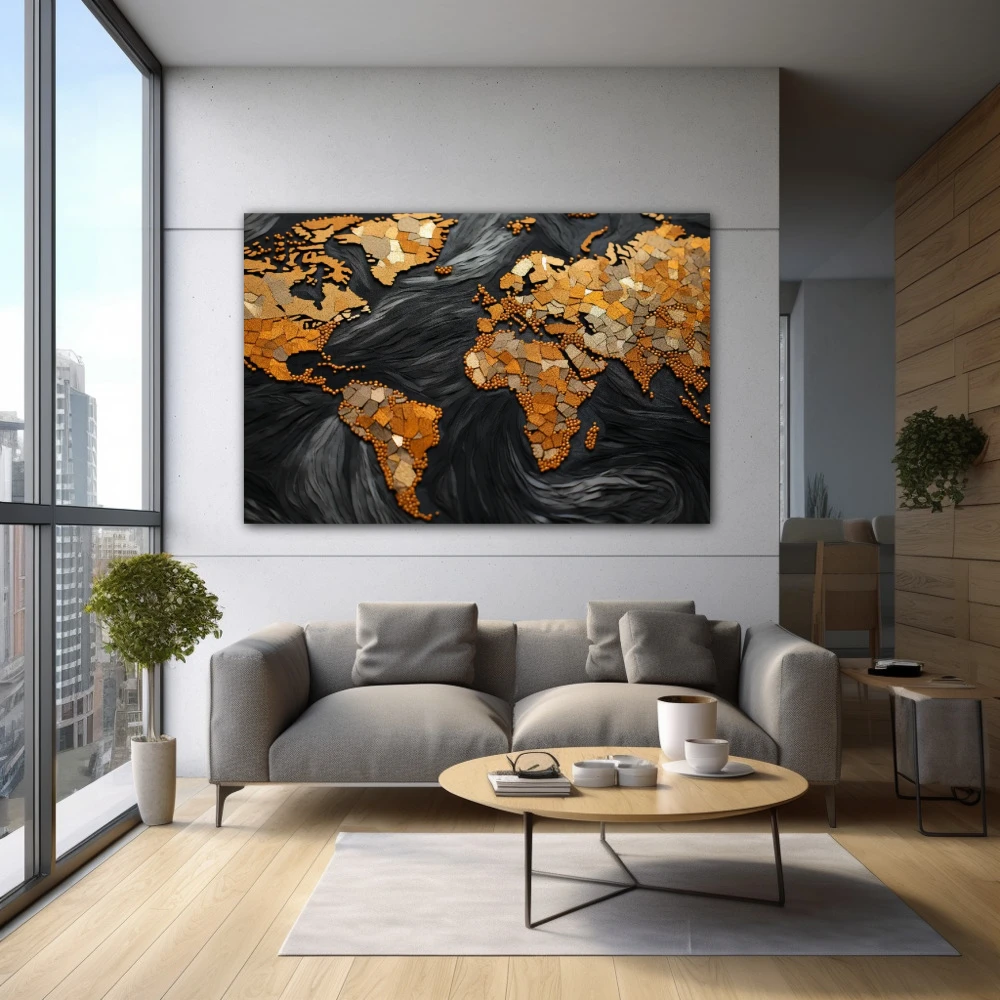 Cuadro valioso planeta en formato horizontal con colores dorado, negro; decorando pared de inmobiliaria