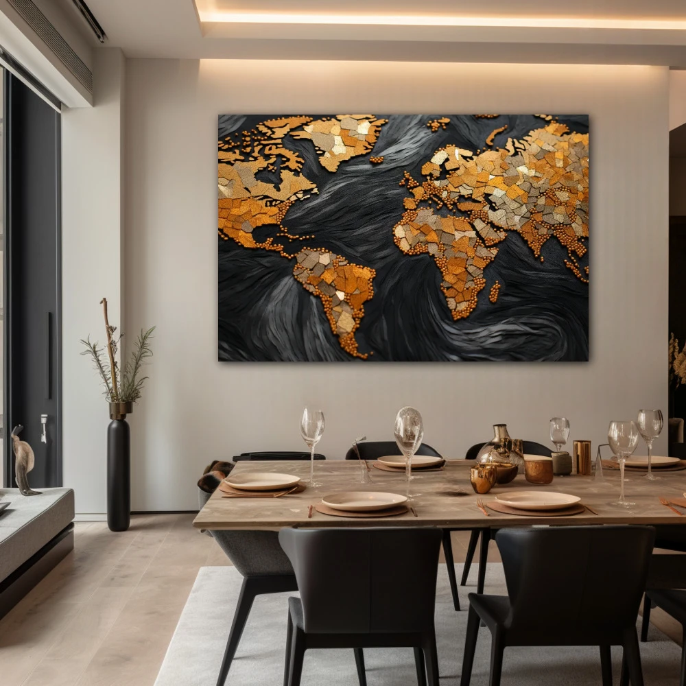 Cuadro valioso planeta en formato horizontal con colores dorado, negro; decorando pared de salón comedor