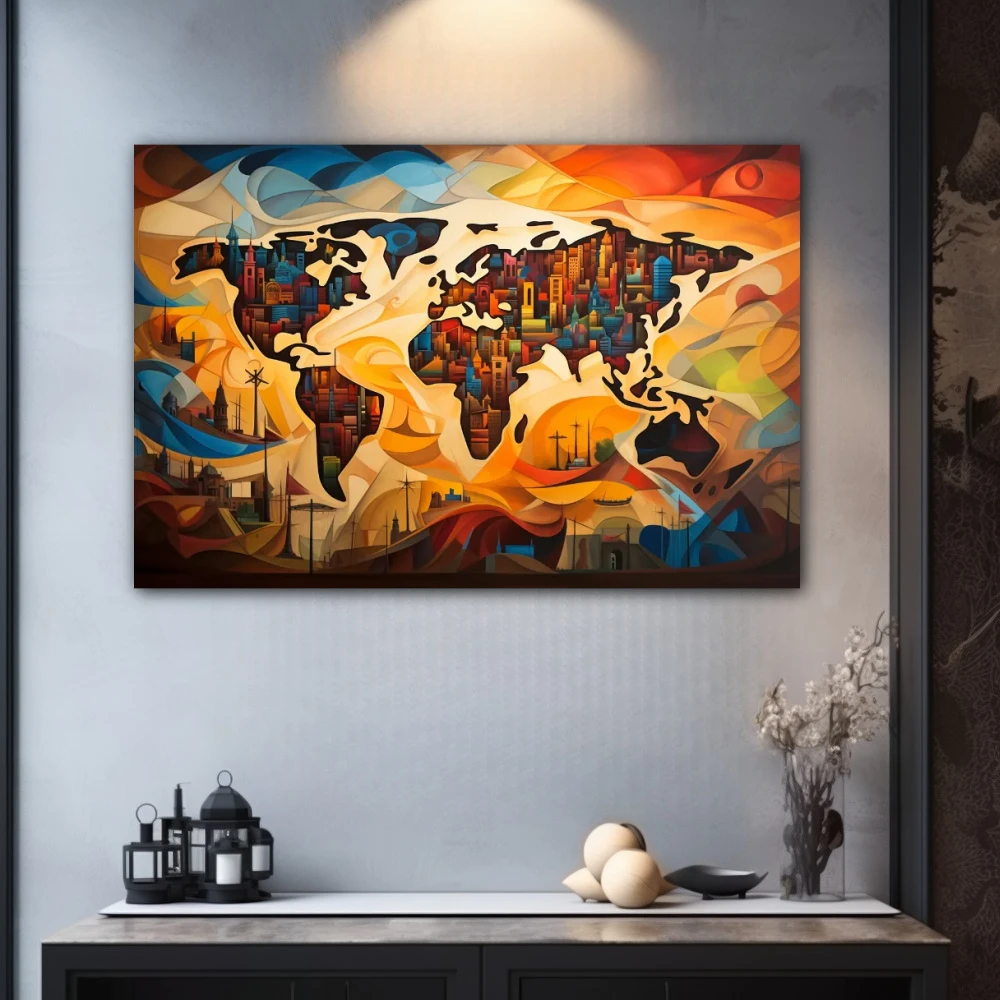 Cuadro chromatic world symphony en formato horizontal con colores marrón, naranja, vivos; decorando pared gris