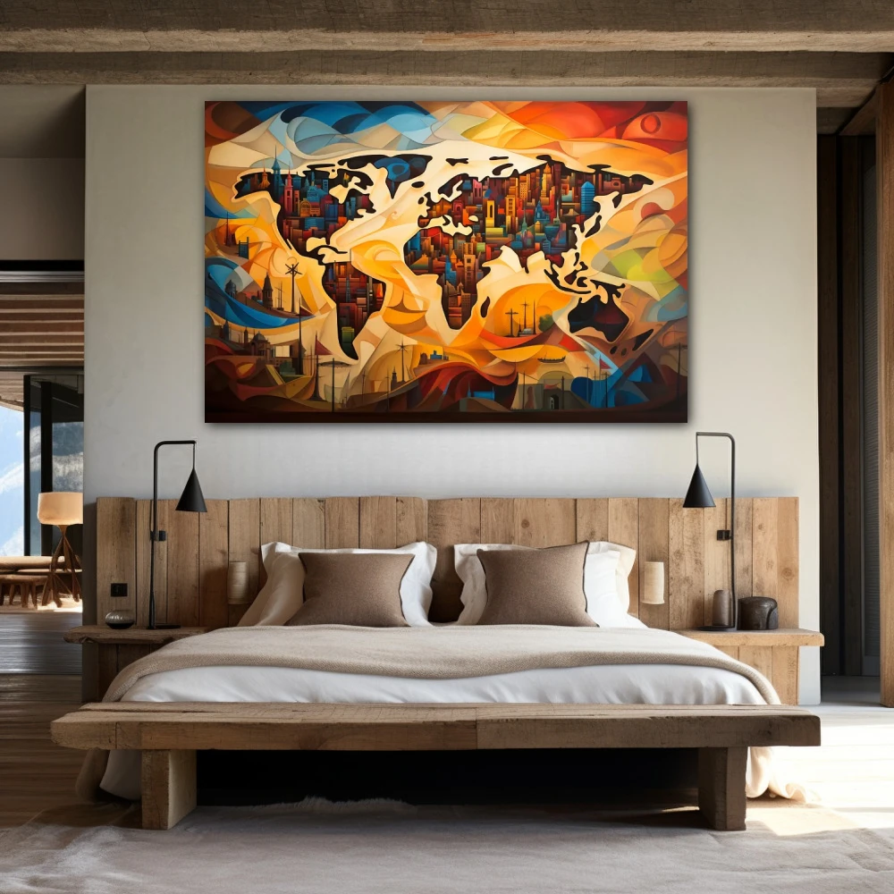 Cuadro chromatic world symphony en formato horizontal con colores marrón, naranja, vivos; decorando pared de habitación dormitorio