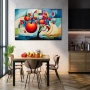 Cuadro Metamorfosis de la Manzana en formato horizontal con colores Azul, Rojo, Vivos; Decorando pared de Cocina