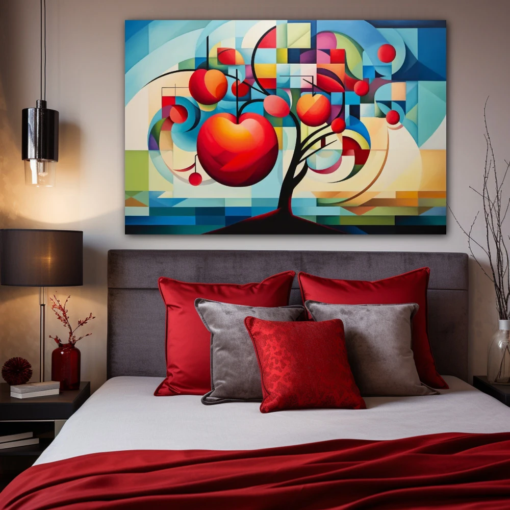 Cuadro metamorfosis de la manzana en formato horizontal con colores azul, rojo, vivos; decorando pared de habitación dormitorio