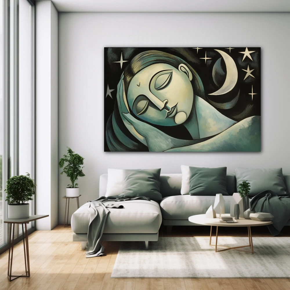 Wall Art titled: Promises Under the Moon in a Horizontal format with: Grey, Green, and Monochromatic Colors; Decoration the White Wall wall