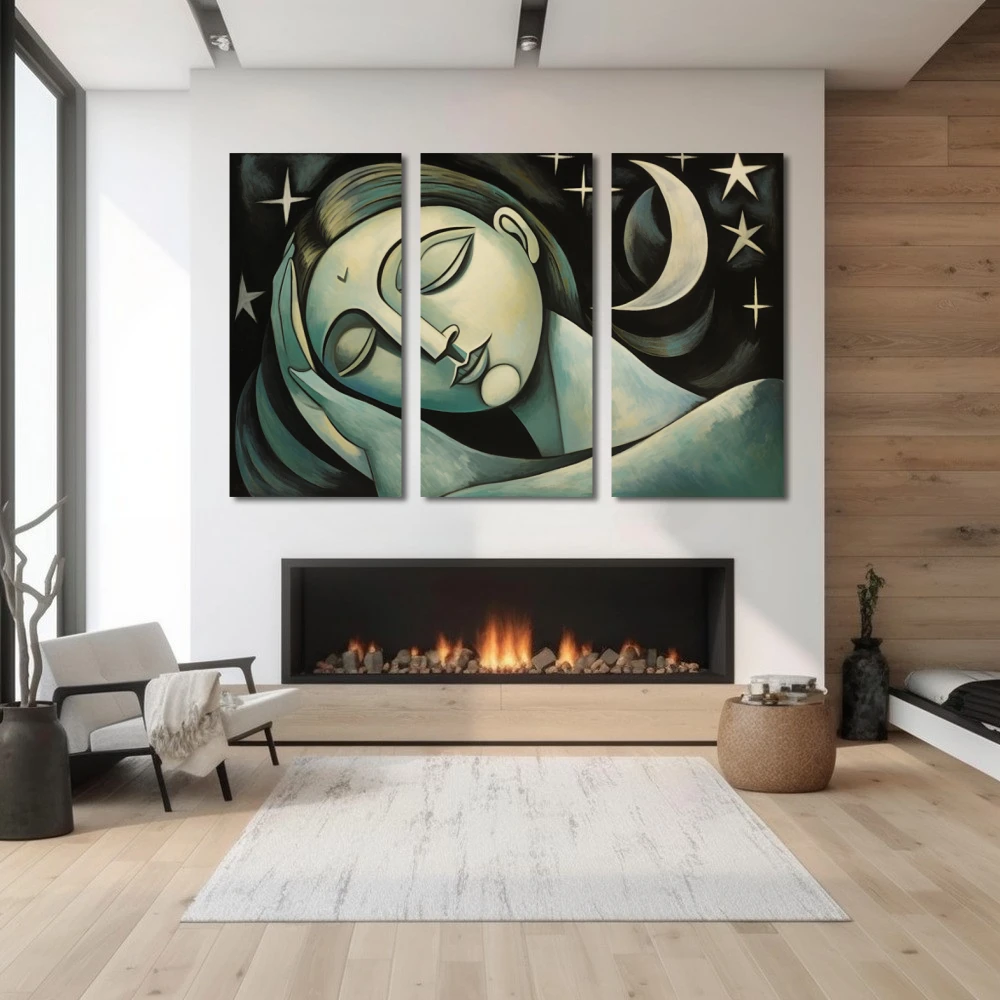 Wall Art titled: Promises Under the Moon in a Horizontal format with: Grey, Green, and Monochromatic Colors; Decoration the Fireplace wall