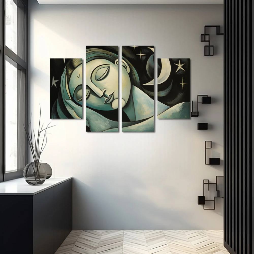 Wall Art titled: Promises Under the Moon in a Horizontal format with: Grey, Green, and Monochromatic Colors; Decoration the Grey Walls wall