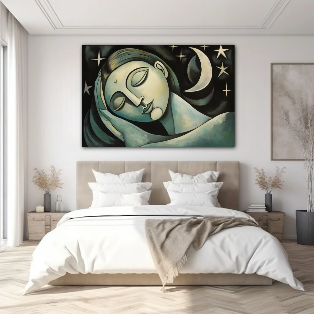 Wall Art titled: Promises Under the Moon in a Horizontal format with: Grey, Green, and Monochromatic Colors; Decoration the Bedroom wall